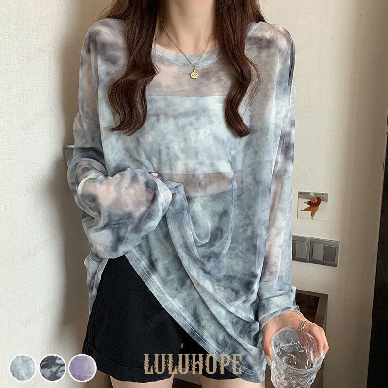シースルー トップス 長袖 レディース 春夏 Tシャツ ロンT チュニック タイダイ柄 透け感 ビッグシルエット オーバーサイズ ■セット内容・1点・トップス レディース シースルートップス＼トレンド